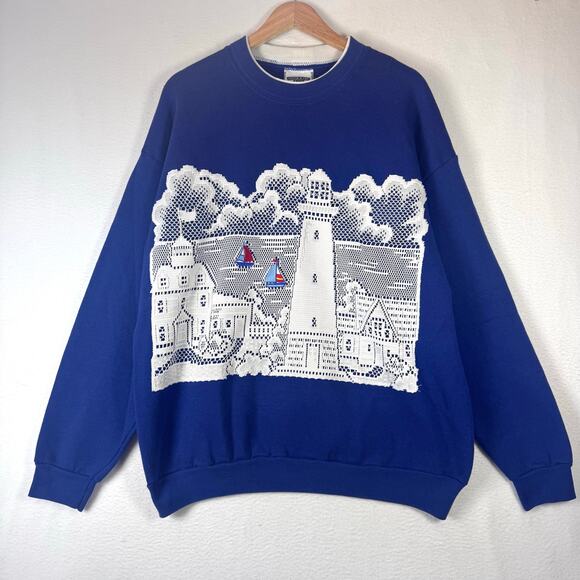 Vintage Lee Blue Nautical Sweatshirt Womens Cottagecore Grannycore Heritage Lace - Picture 1 of 5